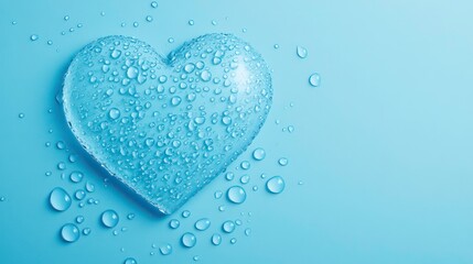 Fototapeta premium Water droplets on a glass heart shape against a light blue background.