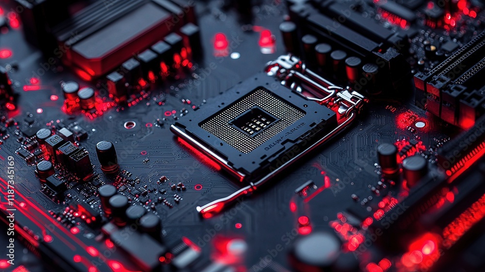 Poster intricate abstract view of a computer motherboard with red lines