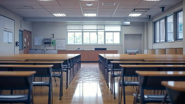 Bright classroom with empty desks arranged in neat rows, ready for students, brightly lit classroom, rows of desks sit empty seamless ing background
