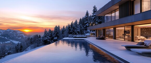 Fototapeta premium This modern mountain villa offers breathtaking views of a snowy landscape, enhanced by a heated pool reflecting the vibrant colors of sunset. Experience ultimate winter luxury