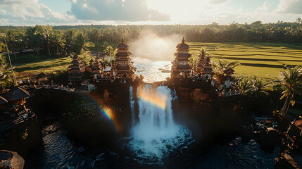 Aerial view of twin temples at sunset by waterfall.