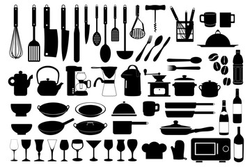 Culinary Collection: An illustrative assortment of kitchen tools and cooking equipment presented as clean cutouts, ideal for designs.