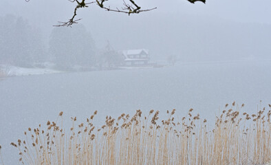 Winter's Embrace: A Tranquil Lakeside Cabin in the Snow