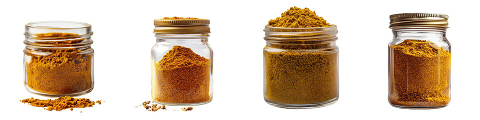 Curry powder jar – A jar of curry powder, a blend of spices like cumin, coriander, and turmeric that form the base of curry. Isolated on Clear White Background Highly Detailed