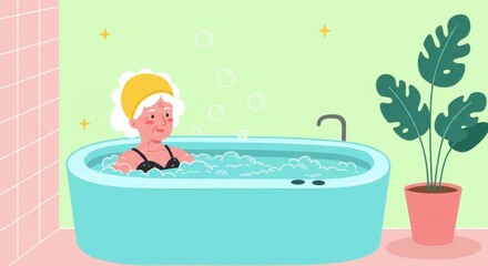 Elderly woman relaxing in bathtub with bubbles and plant