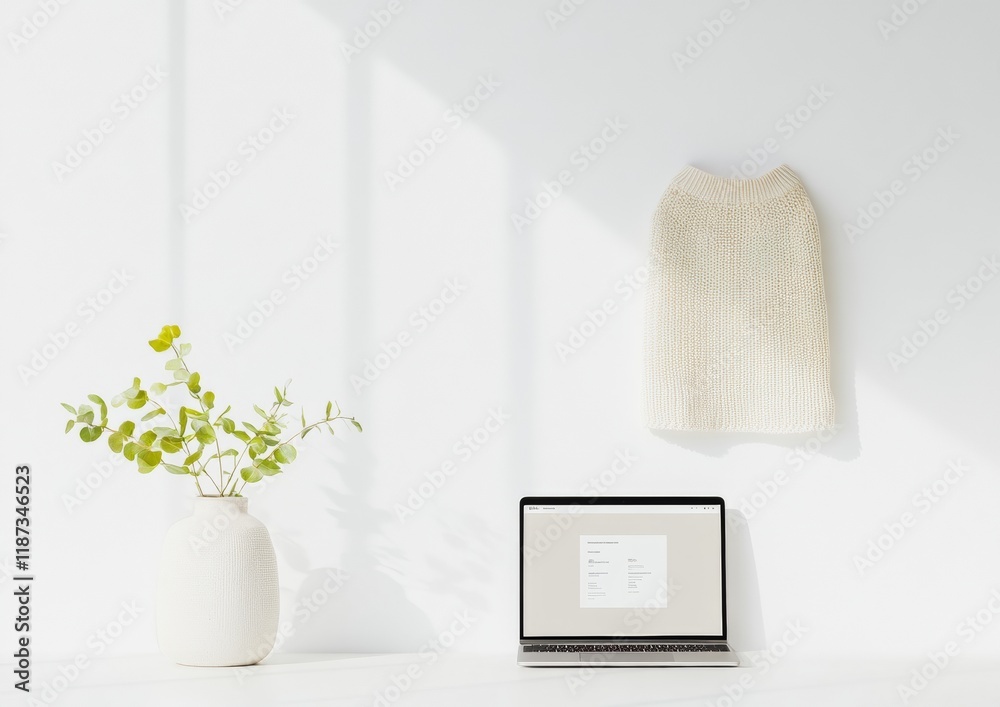 Poster Minimalist Workspace with Laptop Displaying Futuristic UX Design in Natural Light