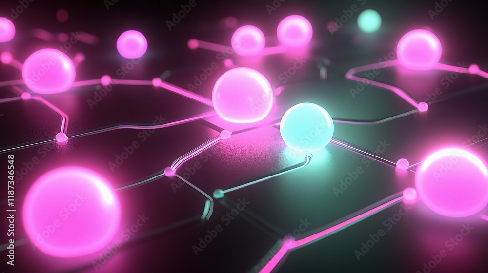 Fototapete Glowing Futuristic 3D Data Flow Diagram with Nodes and Lines