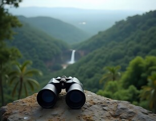 Binoculars placed on a rock with a breathtaking view of lush green hills and a waterfall in the distance.