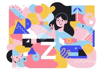 Colorful abstract art featuring geometric shapes and playful characters