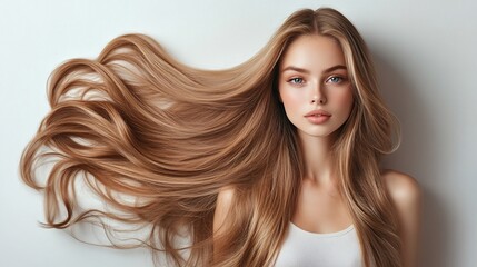 Fototapeta premium Woman with long, flowing blonde hair against a white background.