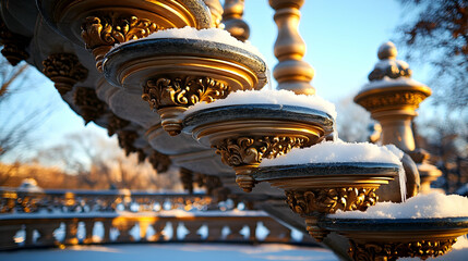 Snow-covered ornate fountain detail in winter sunlight.