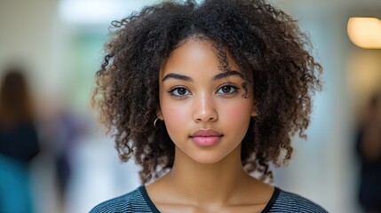 Young woman with curly hair in a blurred public space.