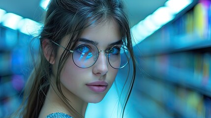 Young woman with glasses in futuristic blue library, learning concept.