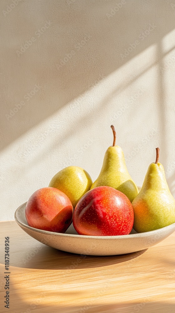 Poster two red apples and three yellow pears sit in a beige ceramic bowl on a light wooden table. illuminat
