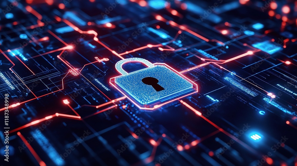 Poster digital technology background with abstract computer lines and lock