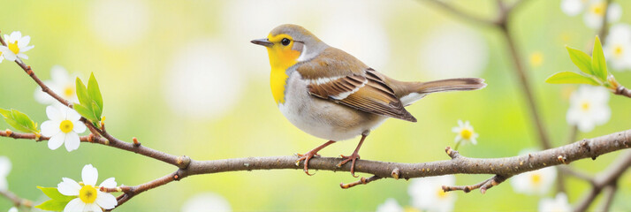 Fototapeta premium Bird perched on branch with white flowers