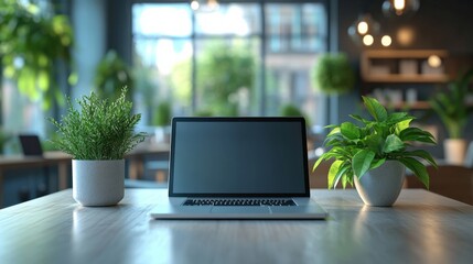 Fototapeta premium Modern Workspace With Plants and Laptop on Wooden Table in Bright Interior. Generative AI