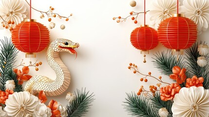 Golden snake, lanterns, flowers on white for Lunar New Year celebration background.