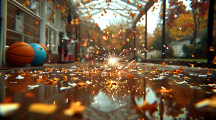 Autumn leaves falling in puddle, sunlight sparkles.