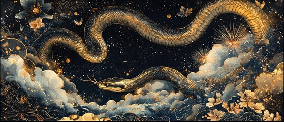 Golden snake slithers through starry night sky and ethereal clouds.