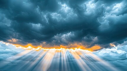 Golden sunbeams piercing through dramatic dark storm clouds.