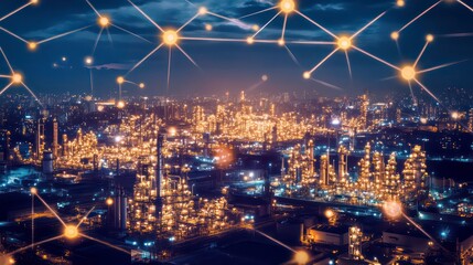 Naklejka premium Night cityscape with industrial complex illuminated, overlaid with a network connection graphic.