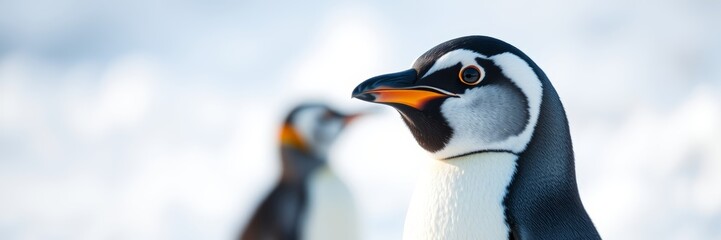 Naklejka premium Elegant Penguin with Focused Gaze Standing Against Snowy Background