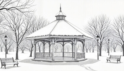 Snow-covered gazebo in winter park