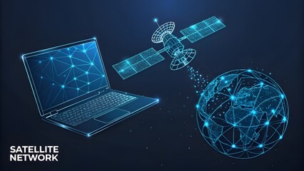 3d satellites and laptop digital low poly wireframe. Satellite network technology, global internet communication concept in dark blue. Abstract vector starry sky with lines, dots and particles
