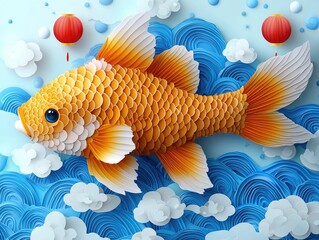 Goldfish swims in papercut ocean waves with lanterns, festive backdrop.