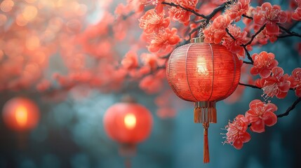 Fototapeta premium Red lanterns among blooming cherry blossoms.