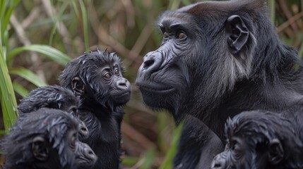 Gorilla family with young in lush jungle habitat.