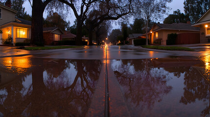Fototapeta premium Wet street at night, reflecting houses and trees.