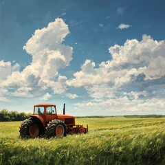 Naklejka premium Tractor in the field with blue sky and clouds. Vector illustration.