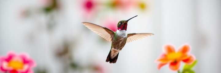 Obraz premium Vibrant Hummingbird Gracefully Hovering Among Colorful Flowers Against Blurred Background