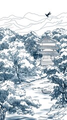 lineart drawing of a chinese style background