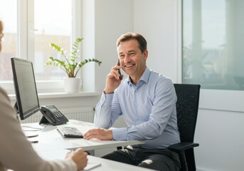 Obraz premium Businessman in office smiling while on phone call with colleague