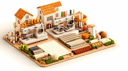 Isometric illustration of a sewing workshop with houses, sewing machines, fabrics, and thread spools.