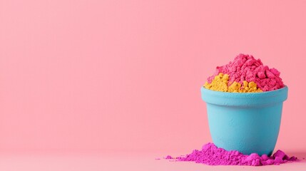 Holi powder in a bowl, displayed on a colorful background, formatted in 16:9