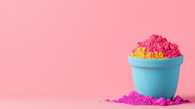 Holi powder in a bowl, displayed on a colorful background, formatted in 16:9