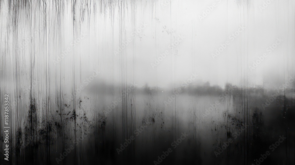 Poster abstract grayscale image of a dirty, foggy window with streaks and smudges, obscuring a blurry lands