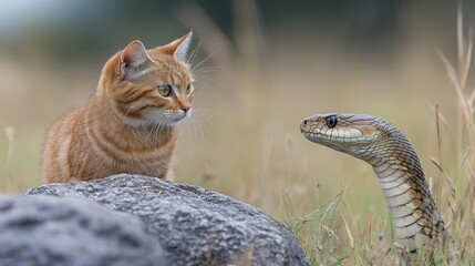 Fototapeta premium Ginger kitten faces snake; intense stare.