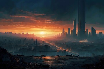 Obraz premium A vibrant sunset casts warm hues over a sprawling city, highlighting futuristic skyscrapers
