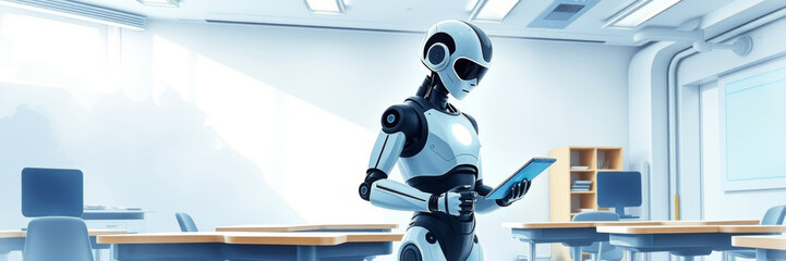Futuristic Robot with Tablet Working in Modern Classroom Against Bright Interior
