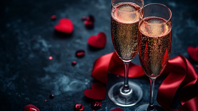Two champagne glasses with a red ribbon on a black Background - Powered by Adobe