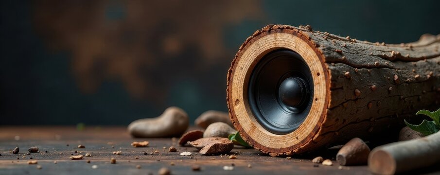 Speakers emitting sound from a hollowed out wooden log, wooden, forest