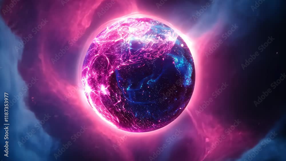 Aufkleber rotating globe surrounded by vibrant optical fiber clouds creating a luminous effect, a rotating glo