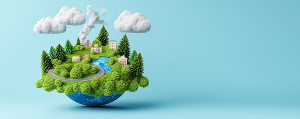 An Earth globe illustration with plants and a blue background, including copy space, representing Earth Day, tree safety, mountains, and environmental concerns