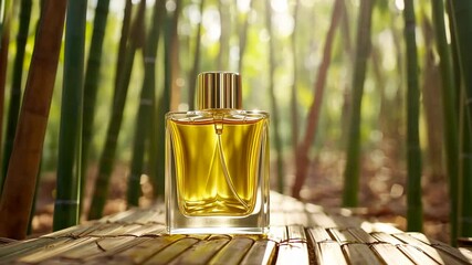 Elegant perfume bottle surrounded by green bamboo in a tranquil forest setting at sunset