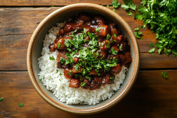 Bowl of rice topped with chili sauce and fresh herbs